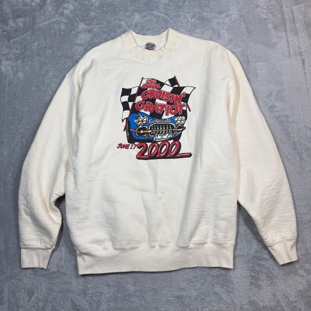 Vintage Fruit of the Loom Sweatshirt XL White Cruisin Gratiot Car Detroit Y2K